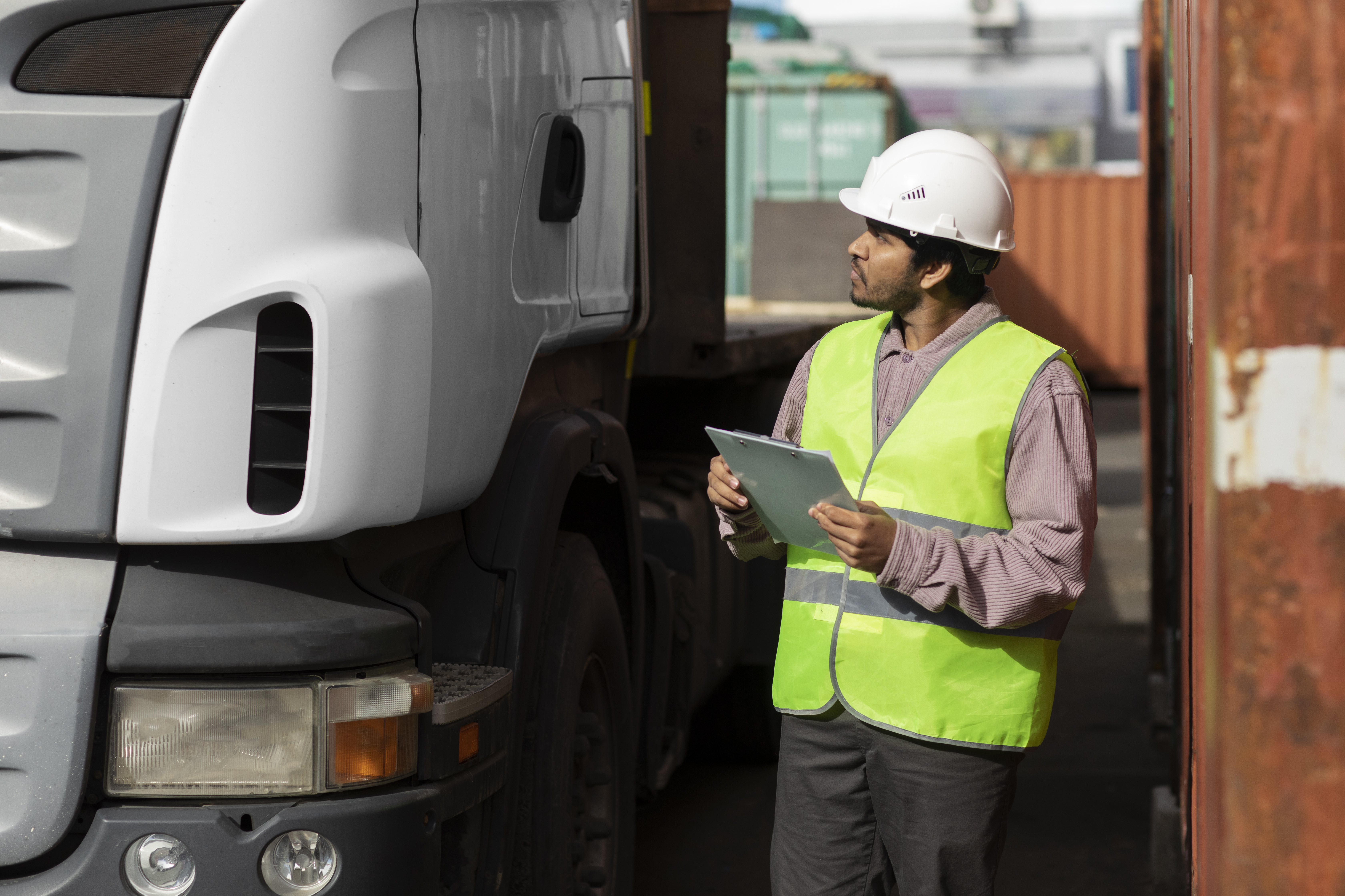 side view man looking truck